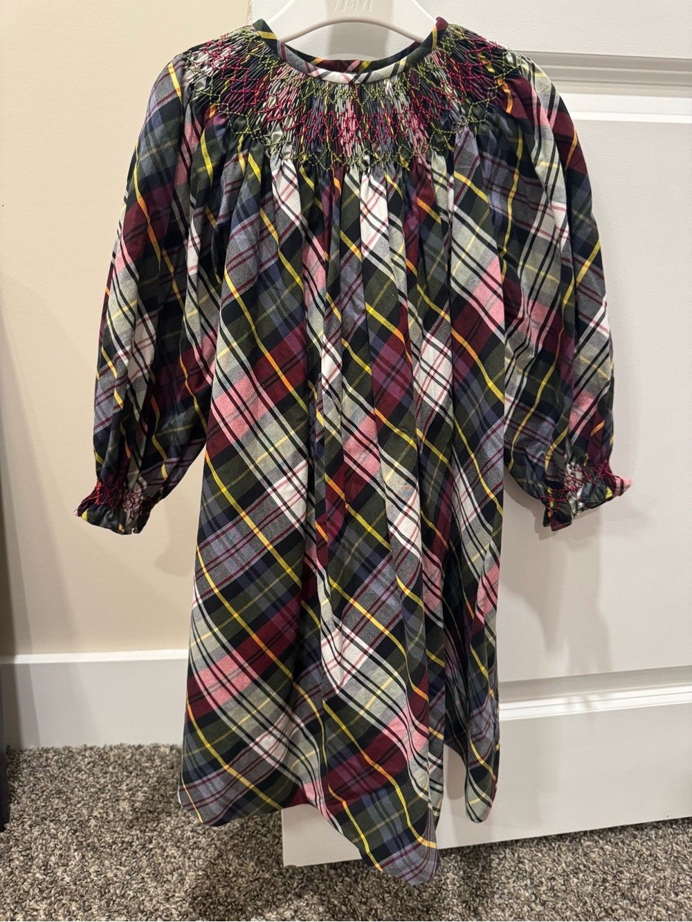 Strasburg Plaid Smocked Dress in Pink, Navy & Green